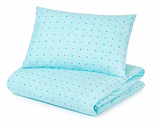 Cot Bed Duvet Cover and Pillowcase Set, Aqua Blue with Multi-coloured Dots