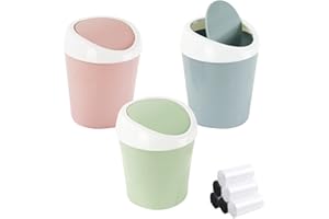 QLFJ-FurDec 3 Pezzi Mini Bidone Spazzatura, Pattumiera da Tavolo con 6 Rotoli di Sacchi Cestino Bagno con Coperchio per Bagno, Cucina, Portatile Portarifiuti, 10x12x17cm (Blu, Rosa, Verde)