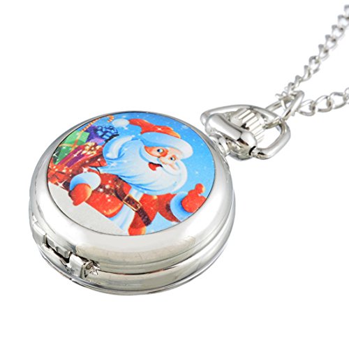 Souarts Silver Tone Color Christmas Father Santa Claus Pattern Quartz Analog Pocket Watch 84cm