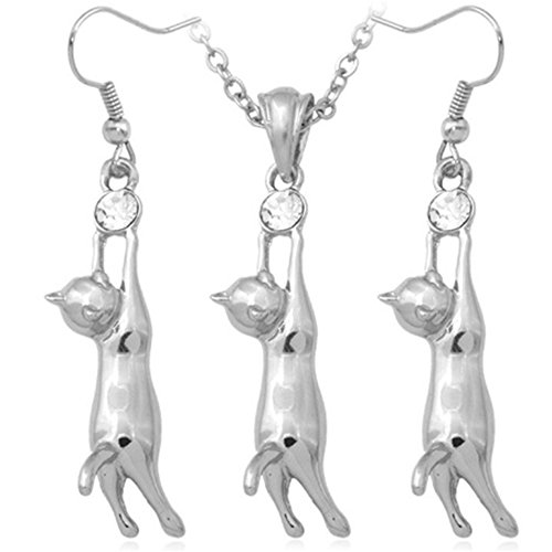 MESE London Conjunto De Collar Y Aretes De Gato Plateado Plata en Caja de Regalo Elegante