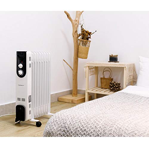 Aigostar 33LCJ - Radiateur à bain d'huile de 9 éléments et 2000W. Double tube chauffant, 3 réglages de puissance et contrôle de la température par thermostat. Noir et blanc. Design exclusif.