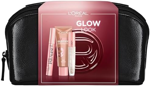 L'Oréal Paris Set regalo bestseller Glow Lash Paradise Mascara, Lumi Glotion in 903 Medium, Plump In Lipgloss in 400 & Lussuoso beauty bag, per una bellezza brillante e glamour Glow, 4 pezzi