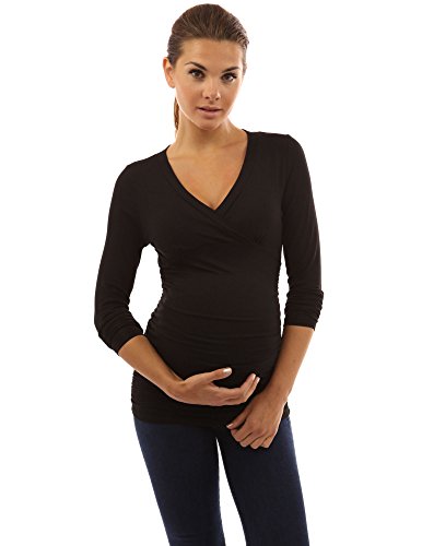 PattyBoutik Mama V Neck Crossover Empire Waist Ruched Maternity Nursing Tunic Knit Top (Black 16)