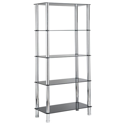 VonHaus 5 Tier Black Glass Shelving Unit with Sturdy Chrome Tube Legs & Tempered Glass