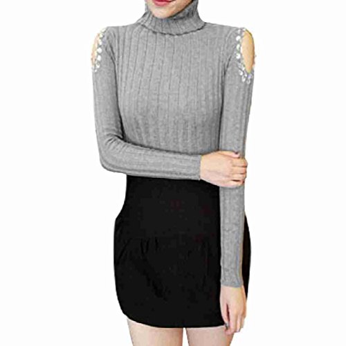 Move&Moving(TM) Women Turtle Neck Cut Out Shoulders Rhinestone Decor Knit Top Shirt