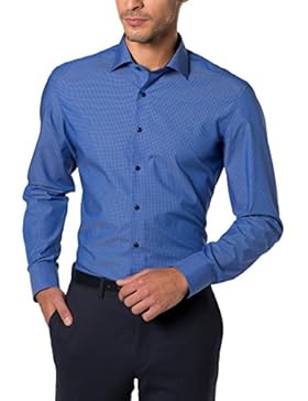 eterna Slim Fit Hemd blau schwarz kariert Herren langarm bügelfrei Kent Kragen