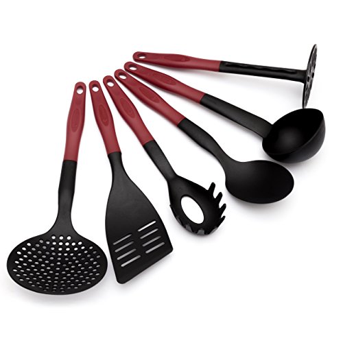 6 tlg. Küchenhelfer Set schwarz / rot Hitzebeständig Kunststoff bis zu 260 °C mit Pfannenwender Spaghettilöffel Kartoffelstampfer Service Löffel Suppenkelle und Schaumkelle . Spülmaschinenfest