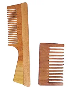 ECOPAL - Handmade Natural Pure Healthy Neem Wooden Comb Wide Tooth for Hair Growth,Anti-Dandruff Comb For Women And Men - PACK OF 2(HANDLE,POCKET - 9.5cm)