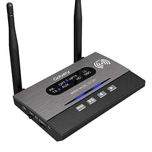 Golvery Long Range Bluetooth 5.0 Transmitter/Receiver/Bypass 3-In-1 Wireless Audio Adapter for TV Home Audio Stereo System, AptX HD&Low Latency, NFC Link, Full Aux RCA Optical Toslink Port Support