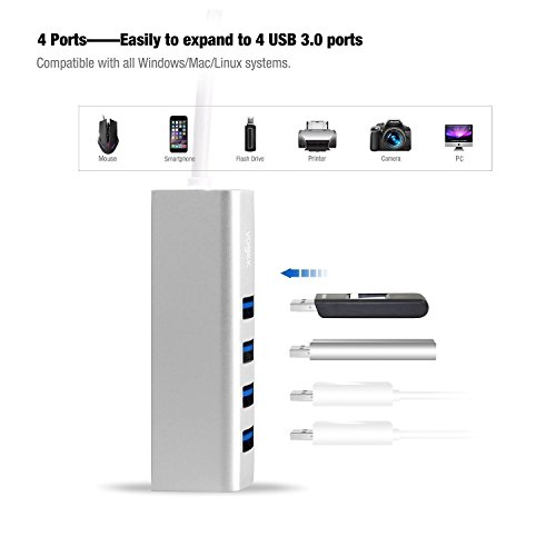 COTOP Aluminium 4 Port kompakte portable Hochgeschwindigkeits-USB 3.0 Daten Hub Stromversorgung Adapter für Desktop-Laptop PC Smart TV Type-C mit eingebautem 11 Zoll USB 3.0 Kabel – Silber - 5