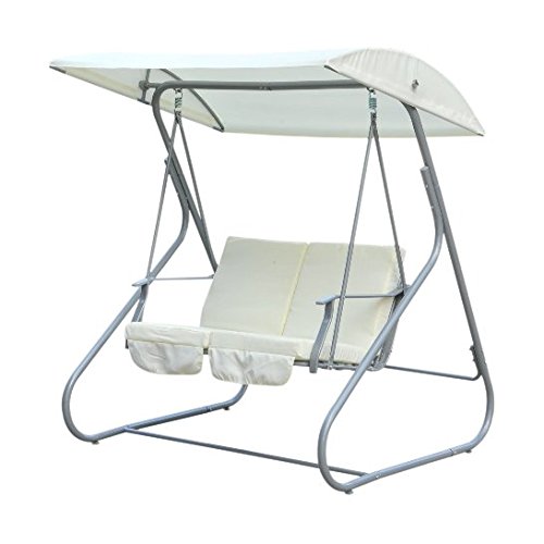 2 Seater Garden Metal Swing Seat - with Stand, UV Resistant Canopy, Padded Cushions in White