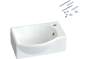 AQUALAVOS Keramik Waschbecken Bad oval eckig hängend klein 40,5x28x12 cm mit Überlauf und Hahnloch ohne Unterschrank weiß Wandmontage Eckwaschbecken Handwaschbecken ultradünner Rand viele Montagemöglichkeiten