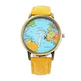 Homim Damen Armbanduhr Frauen Analog Quarzuhr Gelb Denim Armband Dornschließe Weltkarte Muster Zifferblatt Batterie Uhrwerk