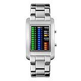 Sport Digital Binäre Uhr 50M Wasserdicht Einzigartige Design Cool Uhren Rechteck Lünette Edelstahl Armbanduhr 4 Farbe LED Licht Kalender Woche Mode Creative Kleidung Uhren für Herren Damen (Silber)