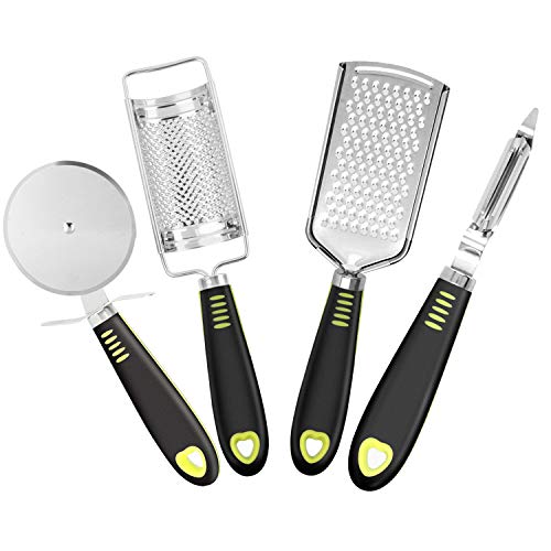 Juego de 4 Dispositivos de Cocina de Acero Inoxidable, rallador/Zester/pelador/Cortador de Pizza con Asas Suaves al Tacto,para limón,Naranja,Queso,Chocolate,Papa, Jengibre, ajo,Verduras,Frutas,Pizza