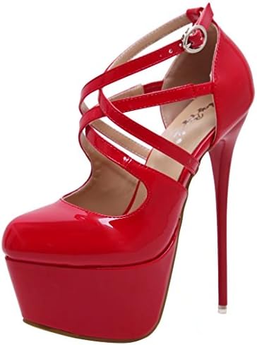 AIYOUMEI Ladies Patent Stiletto Platform Ankle Strap Pumps Extreme High Heels Cross Strap Court Shoes