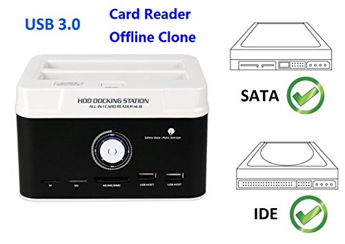 Ronsen 895U3ISC Externe Festplatte Docking Station - USB 3.0 Dual Bay Festplattenleser für 2,5 / 3,5 Zoll IDE und SATA I / II HDD SSD, mit All-in-1 Kartenleser (SD / XD / Micro SD / TF / MS / M2 / CF / MD Karte) und One Touch Backup Funktion, Unterstützung 2x 8TB, Tool-Free