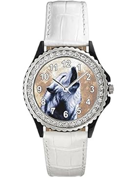 Timest - Heulender Wolf - Strass Damenuhr mit Lederarmband in weiss Rund Analog Quarz CSG0023w