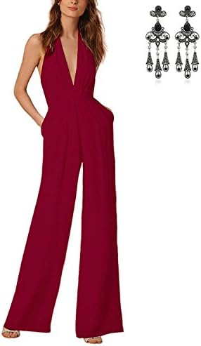 carinacoco Women Halterneck Backless Sleeveless Sexy Slim Elegant Casual Rompers Siamese Jumpsuit,Red,Medium