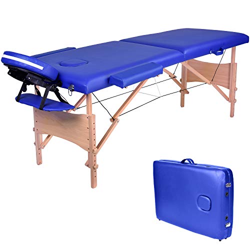 Wellhome Mesa de Masaje de 2 Secciones Madera Camilla Cama Portatil Plegable Ligera Camillas Masajes de Profesional Altura Ajustable Reiki con Reposacabezas, Apoyabrazos, Bolsa de transporte (Azul)