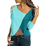 iHENGH Damen Top Bluse Lässig Mode T-Shirt Frühling Sommer Frauen Bequem Blusen Casual Panel Tops Rundhals Lange Ärmel Schulterfrei