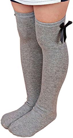 Girls Cotton Knee Length Socks Kids Children Bowknot Striped Winter Leg Warmers (Grey)