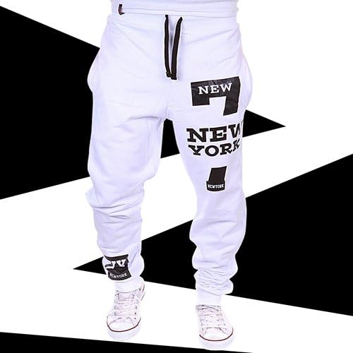 MEGAERA ONE Men's Sweatpants Baggy Harem Slacks Letter Print Jogger Dance Trousers (M, White)