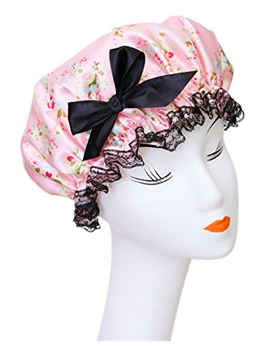 Moolecole Fashion Women's Bow-knot Waterproof Double Layer Shower Cap Floral Bathing Cap Spa Shower Hat