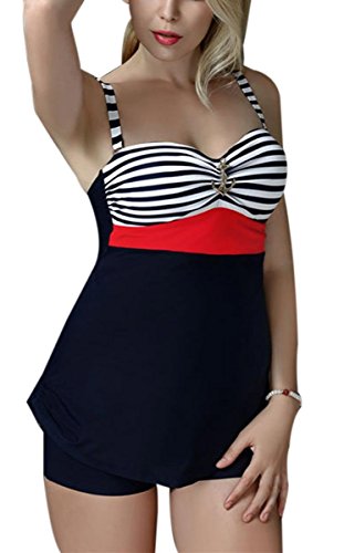 FEOYA - Bañadores Mujer Talla grande Traje de Baño de 2 piezas Estampado Rayado Ropa de Natación Vintage Retro Backless Swimsuit - Rojo - Talla asiática XXXXXL (ES 48)