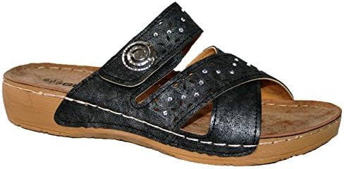 LADIES GEZER , SLIP ON PEEP TOE MULE LIGHTWEIGHT SOFT COMFY MULE SANDALS (UK4, black button)