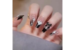 WOOXDYUK 24 sztuki uñas postizas, uñas postizas mate, puntas de presión, uñas de cobertura completa, art degradado, Brillo Negro, pestañas de pegamento para manicura para mujeres y niñas