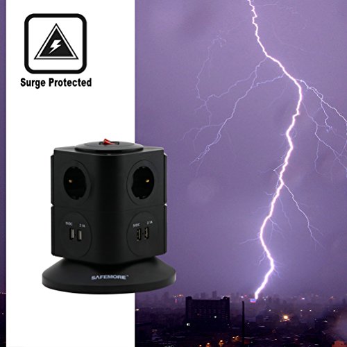 SAFEMORE Multipresa Ciabatta Elettrica con 4 Porte USB e 6 prese Elettriche EU con protezione termica per sovratensione. Le Porte USB per la Ricarica Supportano PC,Smartphone,Android Dispositivi (Nero + Nero, 4 USB & 6 Prese)