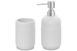 Inbagno Set Accessori Bagno da appoggio 2 Pezzi, Dispenser Sapone e Bicchiere portaspazzolini, in Ceramica Colore Bianco, Linea Cup