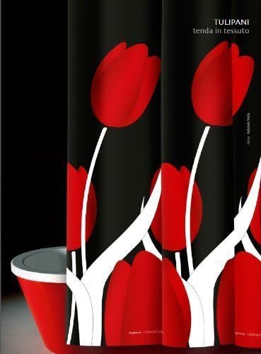 Shower curtain Tulipani black red white Tulips 120cm wide x 200cm long fabric with rings