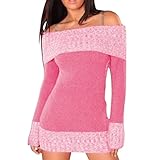Xmiral Damen Pullover Top Schulterfrei Gestreifte Farbblock Frauen Knöpfe Gestricktes Minikleid (L,Rosa)