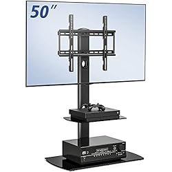 FITUEYES Meuble Télé Pied Support Pivotant pour TV Ecran de 23 à 55 Pouces LED LCD Plasma avec 2 Etagères en Verre Trempé, Pivotant à 70°, Réglable en Hauteur, Gestion des Cables, VESA Max 400x400 mm