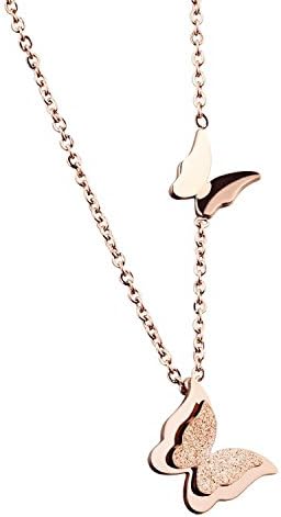 Butterfly Stud Earrings And Necklace, Frosted 18k Rose Gold Jewelry for Women Girl (Nickel Free)