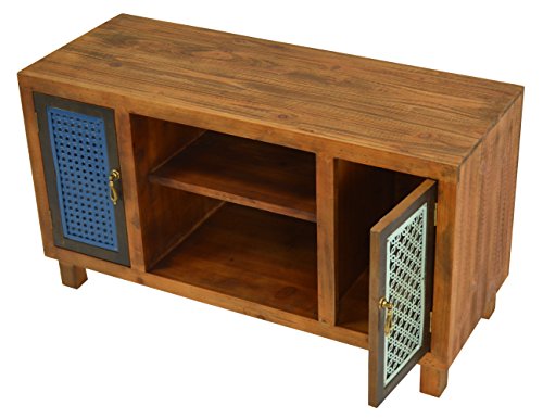 ts-ideen TV-Bank Lowboard HiFi-Schrank Vintage Antik Shabby Design Used Style Massivholz braun zwei Türen mit buntem Muster - 5