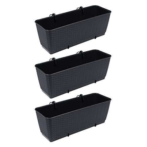 3 x Blumentopf Blumenkasten Balkonkasten Rattan Optik inkl. Untersetzer Halterung anthrazit L 50 cm Ratolla