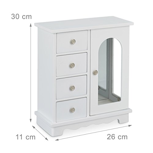 Relaxdays Schmuckkästchen mit Tür H x B x T: ca. 30 x 26 x 11 cm großer Schmuckkasten mit 4 Fächern Schmuckschrank aus Holz mit Schubladen und Spiegel Schränkchen mit Schmuckhalter für Ketten, weiß - 4