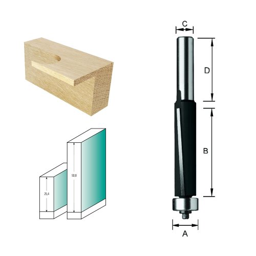 ENT Bündigfräser HW (HM), Schaft (C) 8 mm, Durchmesser (A) 12,7 mm, B 25,4 mm, D 32 mm, mit Achswinkel und mit Kugellager