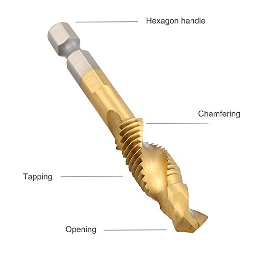 JTENG 6 teilig Kombi Gewindebohrer Bit Satz 1/4“ HSS M3-M10 Schraube Sechskantschaft Senker Werkzeuge Bohrer Bit Set Maschinengewindebohrer Drill Bits Satz Edelstahl HSS - 4