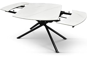 PAZZO DESIGN tavolo allungabile girevole Achille, piano in ceramica bianca statuario, gambe in metallo nero, 120 x 88 x 76 cm - id_2206