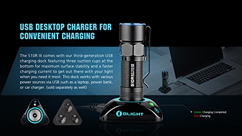 Olight® S10R Baton II/III LED Taschenlampe wiederaufladbar – mit 1 x Lithium Ionen 16340 Akku 650mAh, 1 x USB-Ladekabel, 1 x Magnet Dockingstation, und 1 x Handschlaufe - 4