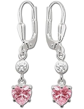 CLEVER SCHMUCK Silberne Ohrhänger 28 mm Zirkonia Herz pink mit Zirkonia weiß glänzend STERLING SILBER 925 im Etui
