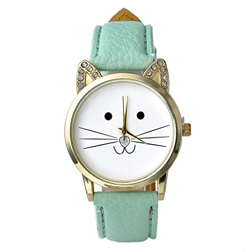 JSDDE Uhren,Reizend Cute Maedchen Strass Katze-Gesichtsform Zifferblatt Armbanduhr Lederarmband Analog Quarzuhr,See-Blau
