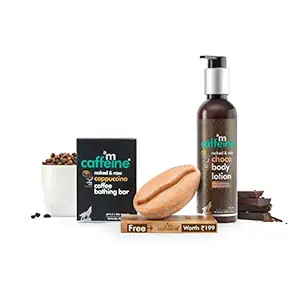 mCaffeine Daily Cappuccino Bath Kit | Free Handcrafted Bean Tray | Polishes, Moisturizes | Coffee Bathing Bar Soap, Choco Body Lotion | Mineral Oil Free