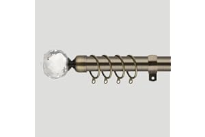 HOME TREATS Extendable Curtain Pole | Crystal Metal Curtain Pole Set 25mm | Includes Rings, Finials, Brackets & Fittings. (40cm to 144cm, Antique Brass)