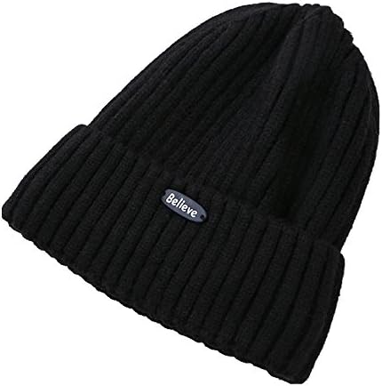 Cooliya Autumn/Winter Knitted Hat, Warm Woollen Plain Colored Vertical Stripes Unisex Caps (Black)