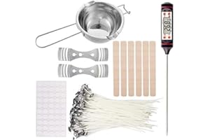 N/AA Accessoires de fabrication de bougies, composés de pot de fonte, 100 mèches de bougie cirées/plates, 2 supports de mèches fixes en acier inoxydable et 100 autocollants double face